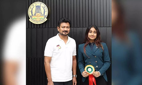 Samanna Everaa with Minister for Youth Welfare and Sports Udhayanidhi Stalin