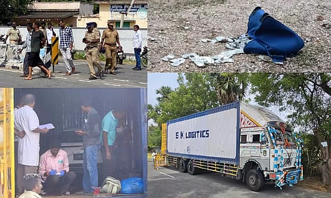 (L-R) An accused caughtCash found strewn around; Police searching container truck; container truck used by thieves;