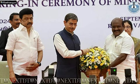 L-R: Chief Minister M K Stalin and Governor R N Ravi with debutant minister Dr Govi Chezhiaan (Photo: Manivasagan.N)