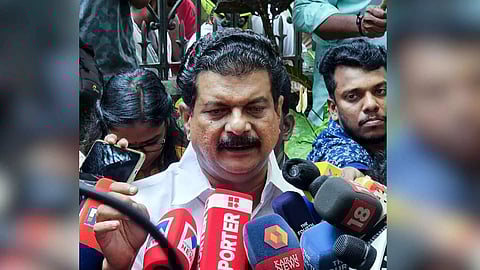 LDF MLA P V Anvar speaks to the media after meeting Kerala CM Pinarayi Vijayan over his allegations against some senior IPS officers (PTI)