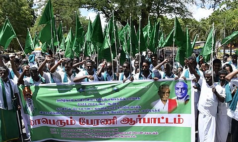 Farmers taking out a rally in Thanjavur on Tuesday