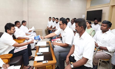 Udhayanidhi Stalin at Election Coordination Committee meeting at its DMK headquarters Anna Arivalayam on Thursday