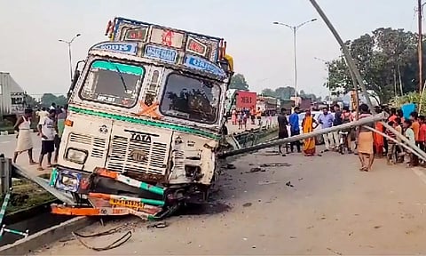 A damaged truck is seen after a collision with a tractor trolley, in Mirzapur district. (PTI)