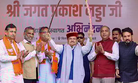 Union Minister and BJP National President JP Nadda with party leader Jai Ram Thakur and others during BJP's 'Abhinandaan Samaroh' (PTI)