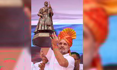 Congress leader and LoP in Lok Sabha Rahul Gandhi unveils the statue of Chhatrapati Shivaji Maharaj, at Bhagwa Chowk (PTI)
