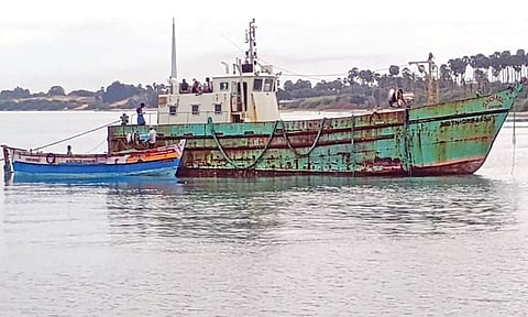 A tuna longliner vessel berthed off Thangachimadam coast