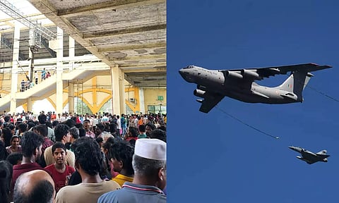 (L-R) People waiting in huge numbers in Velachery railway station (X/@karthi9003), Mirage 2000 during the air show rehearsal (Hemanathan)&nbsp;