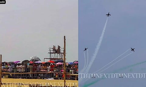 People gathered in Marina Beach to witness the air show; Suryakiran display team with tricolour smoke breaks formation over Marina beach (Photo: Manivasagan)
