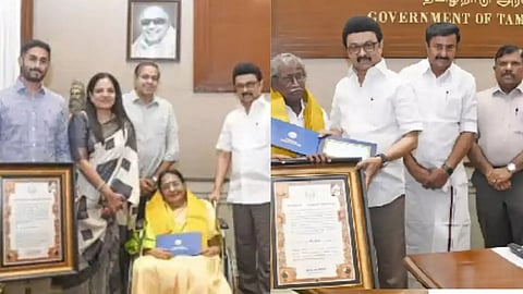 L to R:&nbsp; Suseela with her family, Mu Metha receiving award from CM Stalin (Image/ X)