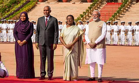 President Droupadi Murmu and Prime Minister Narendra Modi welcome Maldives President Mohamed Muizzu and his wife Sajidha Mohamed at the Rashtrapati Bhavan (PTI)