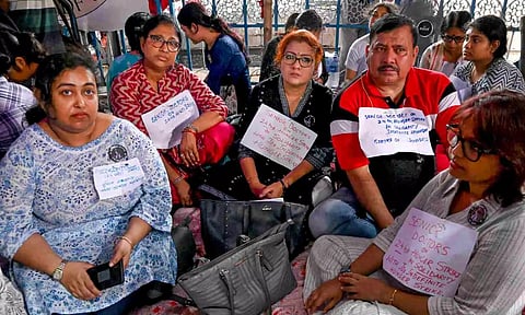 Senior doctors join junior doctors' protest against the RG Kar Medical College and Hospital rape and murder incident in Kolkata (PTI)
