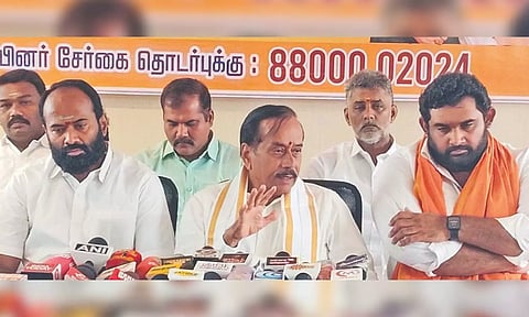TN BJP convener H Raja addressing the press in Tiruchy