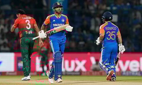 India's Nitish Kumar Reddy and Rinku Singh run between the wickets during the second T20 International cricket match between India and Bangladesh at the Arun Jaitley Stadium (PTI)
