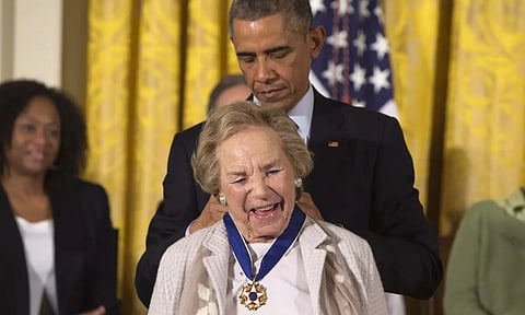 Former President Barack Obama awards Ethel Kennedy the Presidential Medal of Freedom during a ceremony in the East Room of the White House in Washington (AP)&nbsp;