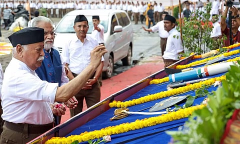 RSS chief Mohan Bhagwat performs 'Shastra Puja' during a function organised on the occasion of 'Vijayadashami (PTI)