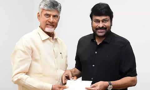 &nbsp;Chiranjeevi handed over the cheque to Andhra Pradesh Chief Minister N Chandrababu Naidu (X)