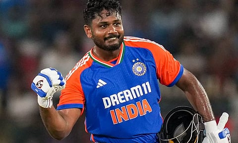 &nbsp;Sanju Samson celebrates his century during the third and final T20 International cricket match between India and Bangladesh (PTI)