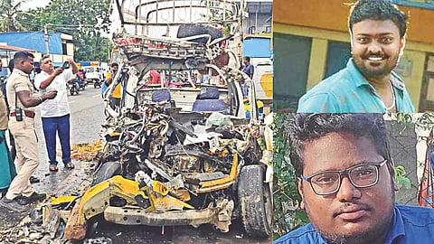 Mangled remains of the load van. (Right) Victims Karthi and Mohammed Sameer