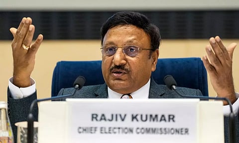 Chief Election Commissioner Rajiv Kumar speaks during a press conference for the announcement of the schedule of elections to the Legislative Assemblies (PTI)