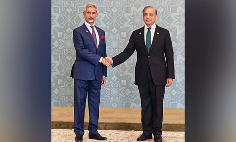 External Affairs Minister S Jaishankar with Pakistan Prime Minister Shehbaz Sharif during the 23rd meeting of the SCO Council of Heads of Government (PTI)