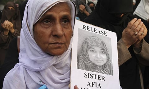 Pakistani women participate in a rally in Karachi, Pakistan on Aug 15, 2008, calling for the release of Aafia Siddiqui, who is detained in the U.S (AP)