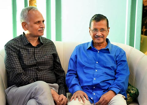 AAP national convenor Arvind Kejriwal meets former Delhi Minister Satyendar Jain (PTI)