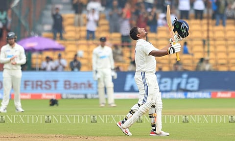 Sarfaraz Khan celebrating after scoring a Century (Photo: Justin George)