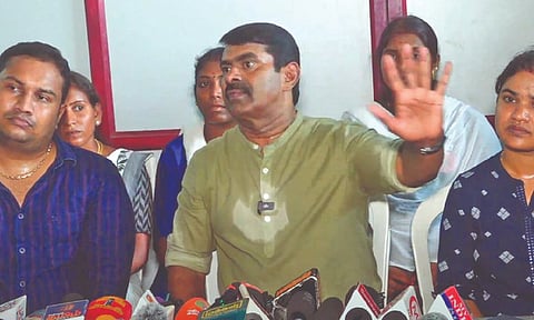 Seeman along with NTK office-bearers addressing media in Namakkal