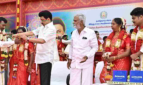 Chief Minister MK Stalin and Minister PK Sekar Babu during the wedding ceremony organised by HR &amp; CE dept in Chennai (X)