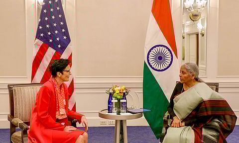 Union Minister of Finance and Corporate Affairs Nirmala Sitharaman with Citigroup CEO Jane Fraser during a meeting