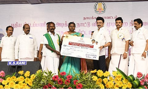 Chief Minister MK Stalin distributing welfare aid to beneficiaries at a function in Namakkal
