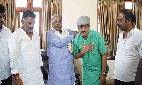 CP Yogeshwara meeting with CM Siddaramaiah, DCM Shivakumar, and senior Congress leaders. (ANI)