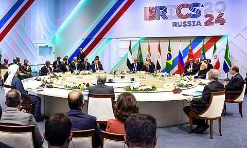 Prime Minister Narendra Modi with Russia's President Vladimir Putin, China's President Xi Jinping and other world leaders during a plenary session of the 16th BRICS Summit (PTI)