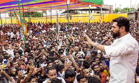 &nbsp;Union Minister and National President of Lok Janshakti Party (Ram Vilas) Chirag Paswan during a public meeting ahead of the Jharkhand Assembly polls (PTI)