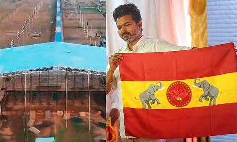 Bird's eye view of the upcoming TVK conference venue; Vijay with TVK flag