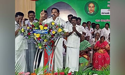AIADMK general secretary Edappadi K Palaniswami addressing party workers in Salem on Friday&nbsp;