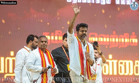 Actor-TVK chief Vijay waves at the crowd at his first state party conference in Vikravandi on Oct 28, 2024. (Photo: Hemanathan.M)&nbsp;
