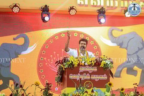 Actor-TVK chief Vijay delivering a fiery speech at his first state party conference. (Photo: Hemanathan M)&nbsp;