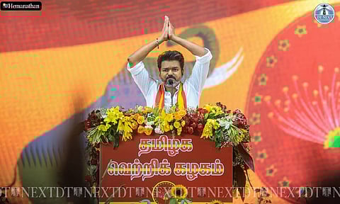 Vijay addressing the crowd of TVK’s maiden State public conference in Villupuram (Photo: Hemanathan M)
