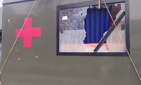 An ambulance that was fired upon by terrorists in Khor Batal area of Akhnoor Sector, in J &amp; K (PTI)