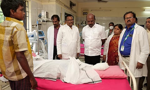 State health minister Ma Subramanian visited victims injured during bursting of firecrackers on Deepavali, at the Kilpauk Medical College Hospital on November 1, 2024. (Photo: Justin George)&nbsp;