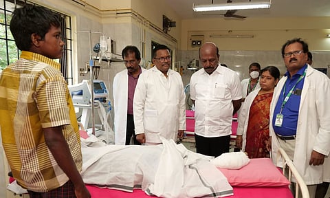 State health minister Ma Subramanian visited victims injured during bursting of firecrackers on Deepavali, at the Kilpauk Medical College Hospital on November 1, 2024. (Photo: Justin George)