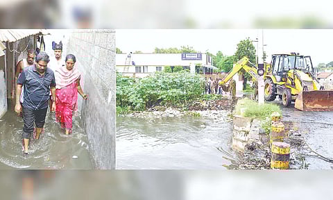 A waterlogged locality in Tirupur; works under way to clear clogging in ‘Jammanai Odai’