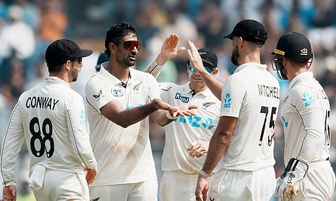 New Zealand's bowler Ish Sodhi celebrates the wicket of India's batter Rishabh Pant (PTI)&nbsp;