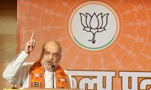 Union Minister and senior BJP leader Amit Shah speaks at the release of the party's Sankalp Patra (election manifesto) for the upcoming Assembly elections, in Ranchi (PTI)&nbsp;