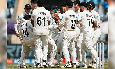 New Zealand's players celebrate the wicket of India's Rishabh Pant in Mumbai (PTI)&nbsp;