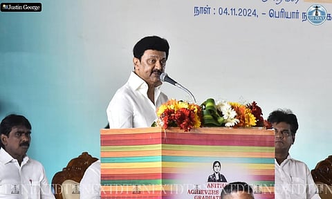 CM Stalin speaking at the welfare assistance on behalf of Anitha Achievers’s Academy in Kolathur constituency (Justin George)