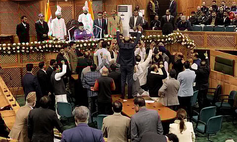 National Conference workers celebrate after a resolution was passed to restore the special status of J&amp;K in the UT Assembly (PTI)