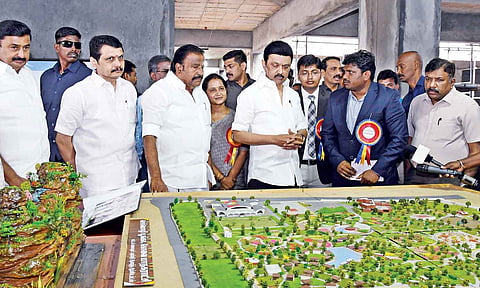Chief Minister MK Stalin looks at the model of ‘Semmozhi Poonga’ set to come up in Coimbatore