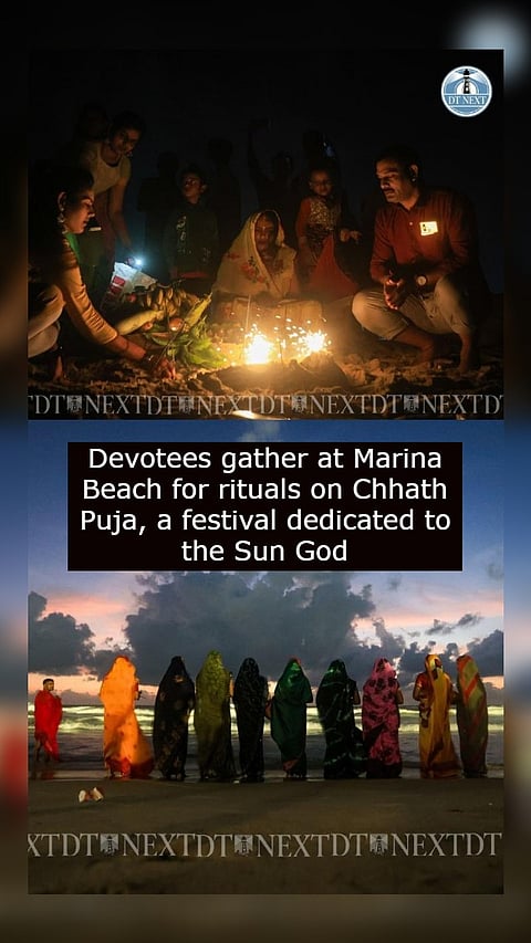 Devotees gather at Marina Beach for rituals on Chhath Puja, a festival dedicated to the Sun God